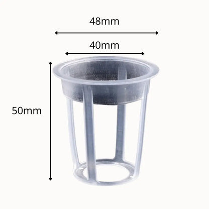 Panier en plastique transparent avec des ouvertures, forme cylindrique et bords renforcés pour hydroponie