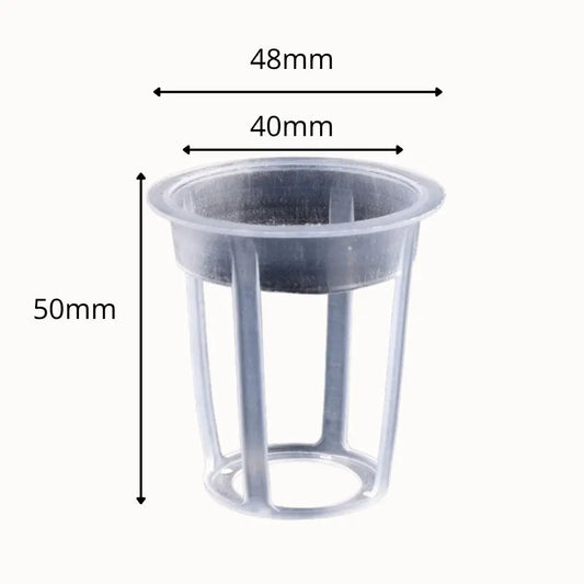 Panier en plastique transparent avec des ouvertures, forme cylindrique et bords renforcés pour hydroponie