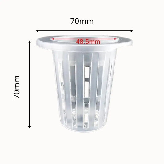 Panier de culture hydroponique en plastique transparent avec des fentes verticales et un bord rond