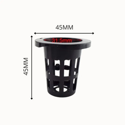 Panier de culture hydroponique noir avec des perforations et une forme cylindrique, en plastique léger