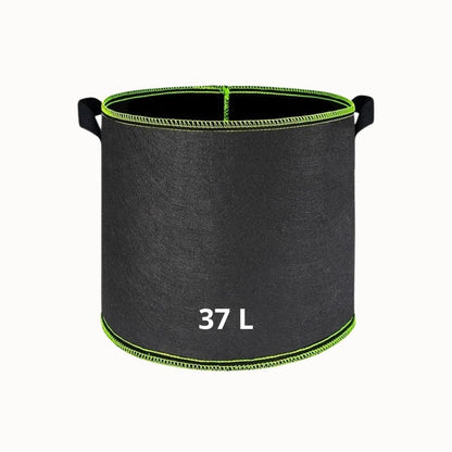 Sac en fibre noir avec coutures vertes, forme cylindrique, conçu pour accueillir de grandes plantes