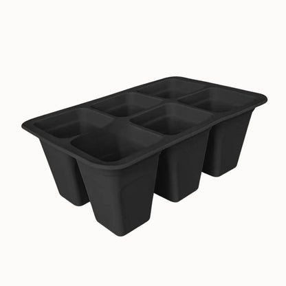 Plateau en silicone noir avec six cellules rectangulaires pour le semis de plantes