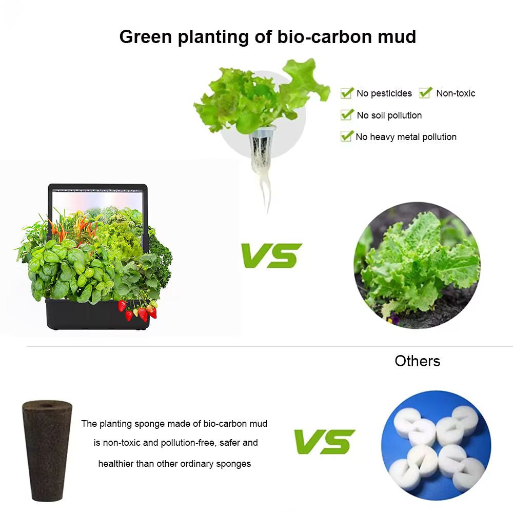 Système hydroponique noir avec plantes vertes, terreau bio-carbone et décor de jardin intérieur