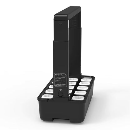 Système hydroponique noir avec réservoir et emplacements pour quinze plantes, éclairage intégré en hauteur