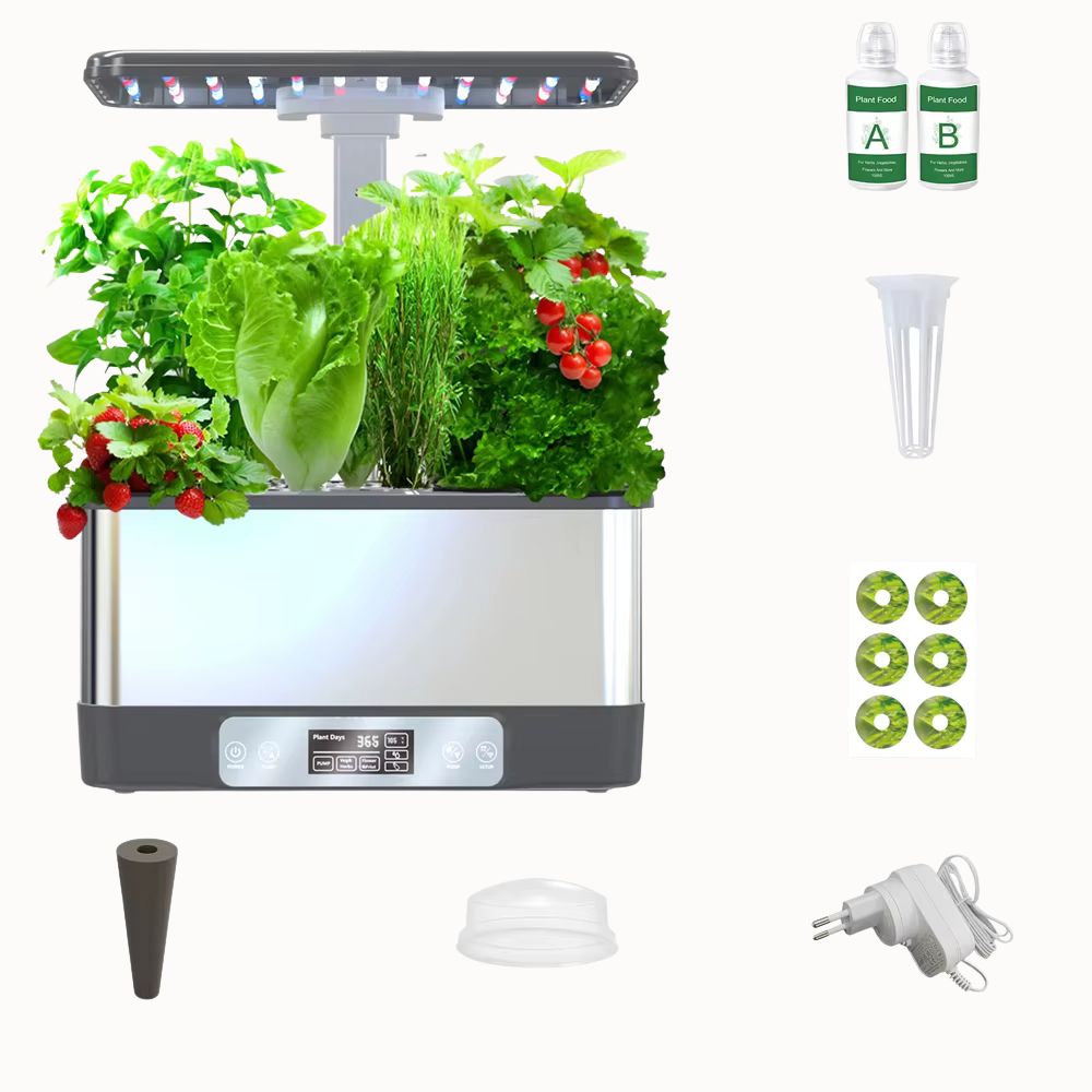 Potager d'intérieur avec plantes vertes, tomates rouges, système d'arrosage et éclairage LED en haut