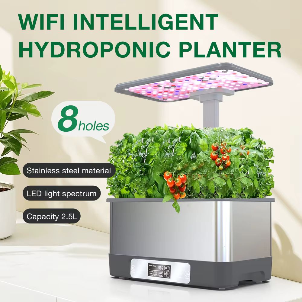 Un potager d'intérieur avec des plantes vertes, un éclairage LED et un design en acier inoxydable
