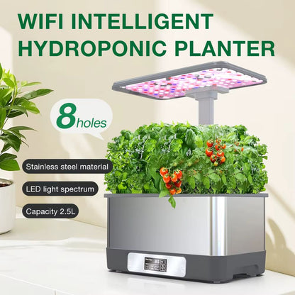 Un potager d'intérieur avec des plantes vertes, un éclairage LED et un design en acier inoxydable