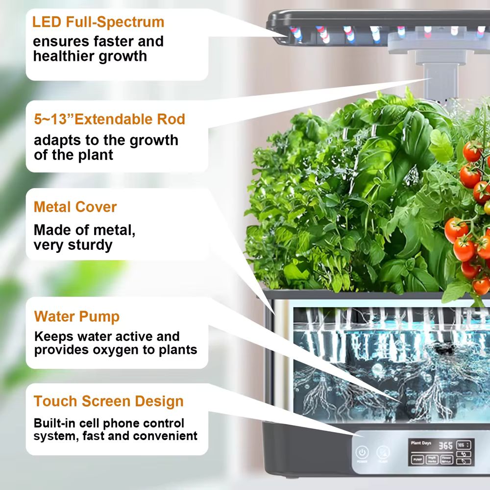 Système de potager d'intérieur avec plantes vertes, lumière LED et structure en métal robuste