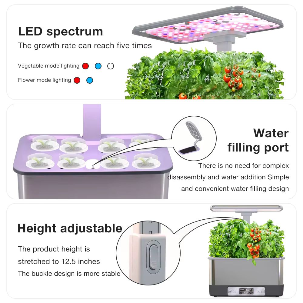 Système de culture avec plantes vertes, lumière LED colorée et réservoir d'eau visible en haut