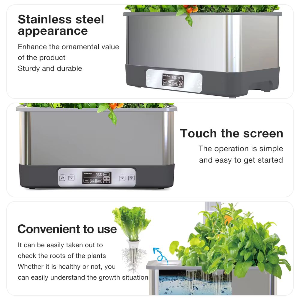 Pot en acier inoxydable avec des plantes vertes, écran tactile et système d'arrosage intégré