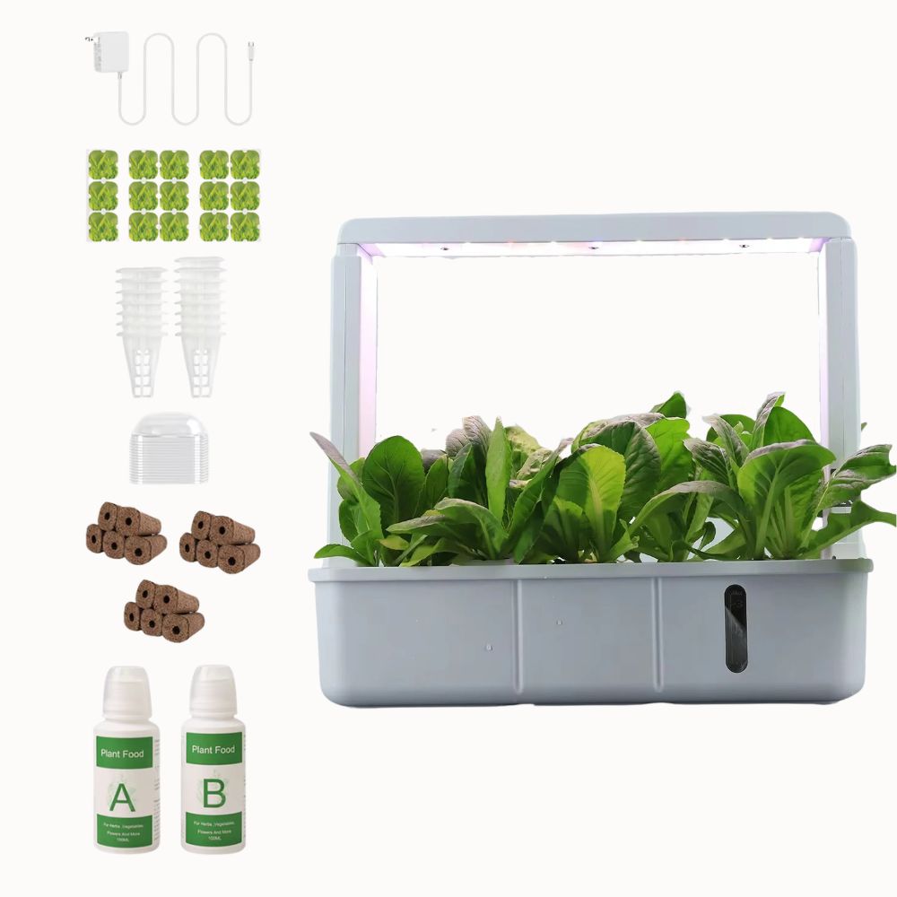 Système de culture avec des plantes vertes, pots en terre cuite et accessoires de jardinage sur fond blanc