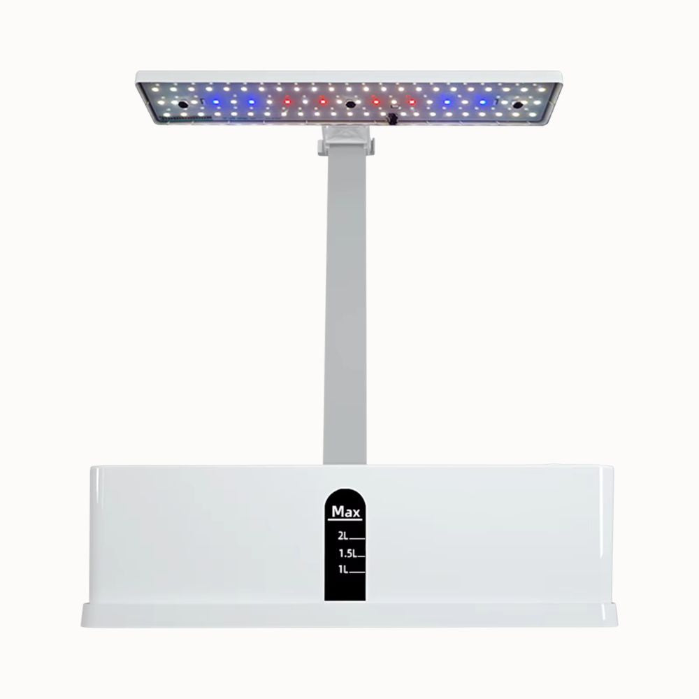 Système de culture avec lumière LED, support blanc et réservoir d'eau en plastique transparent