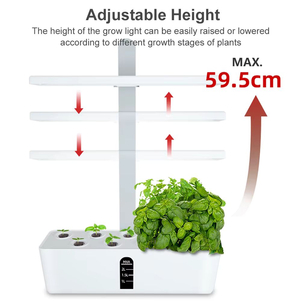 Système de culture intérieure avec trois étagères blanches et plantes vertes en pot sur le dessus
