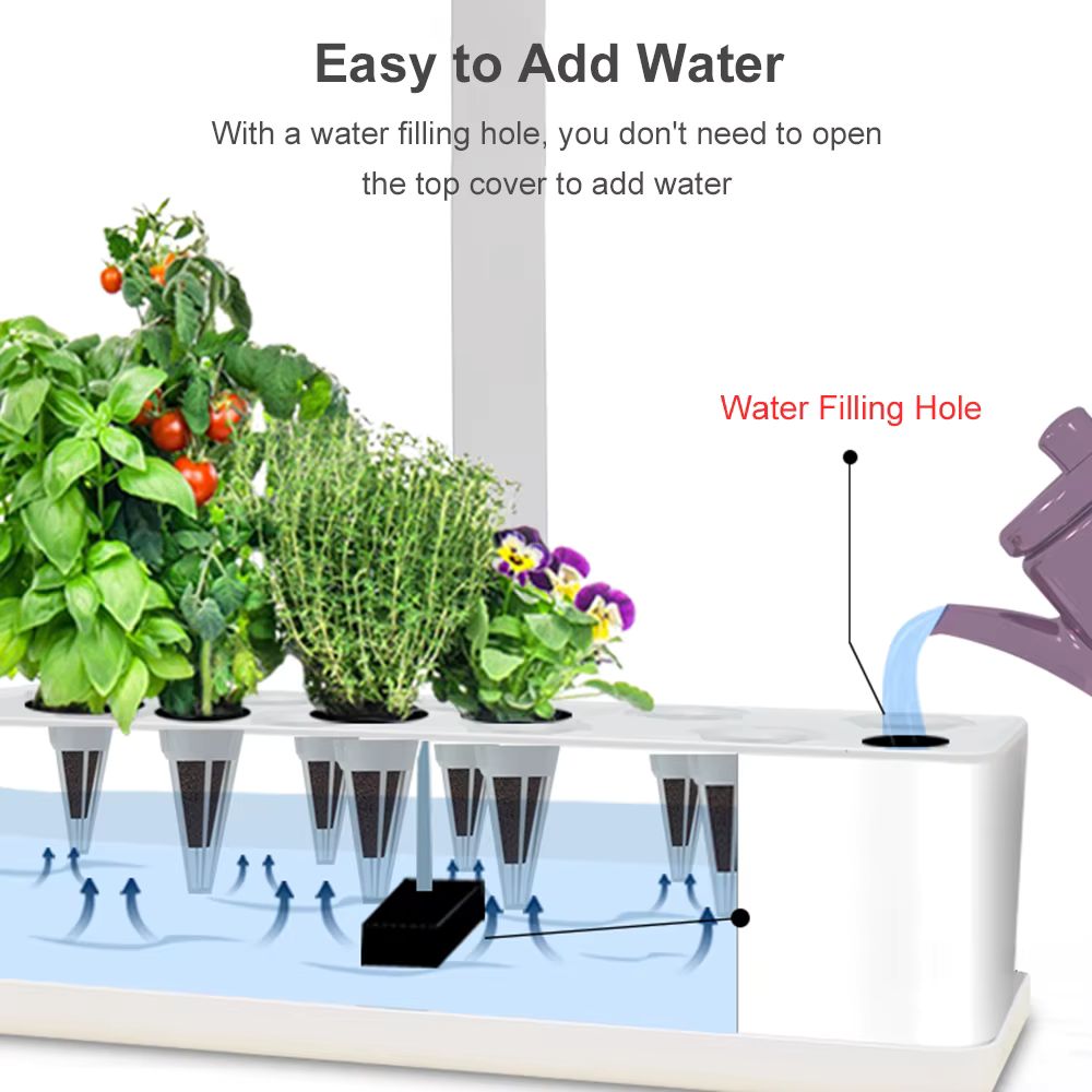 Système de culture avec neuf plantes vertes, réservoir d'eau et trous de remplissage visibles