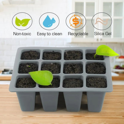 Bac en silicone gris avec douze cellules, terreau et jeunes plants verts visibles