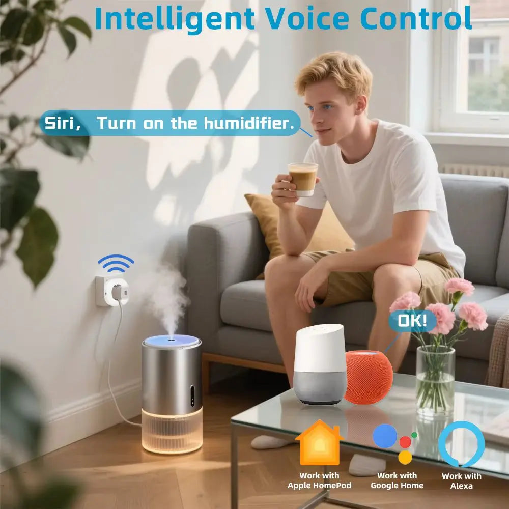 Un homme souriant utilise une prise connectée avec un humidificateur et un décor moderne en arrière-plan