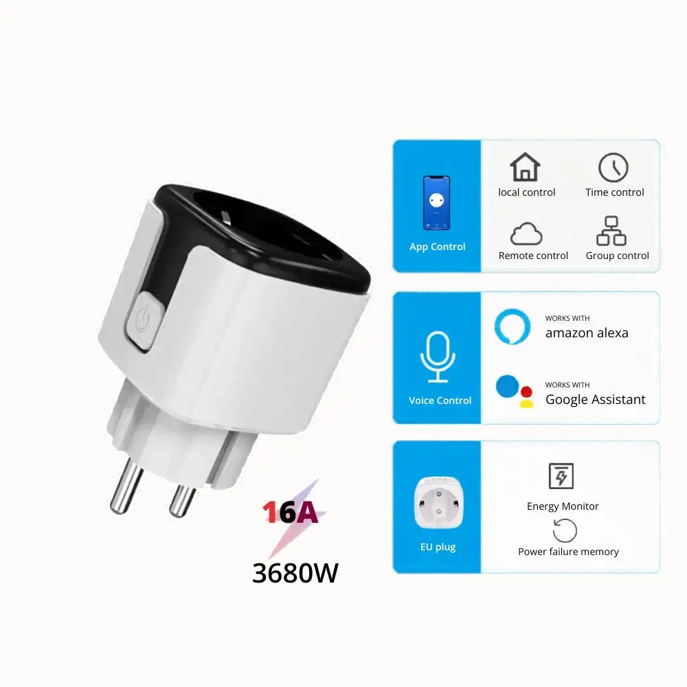 Prise connectée WiFi blanche avec un bouton sur le côté et des broches métalliques visibles