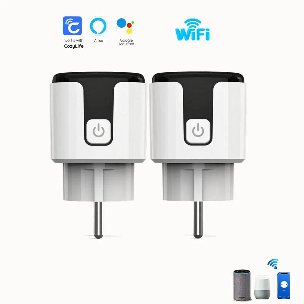 Deux prises connectées blanches avec un bouton central et une prise électrique visible sur un fond neutre