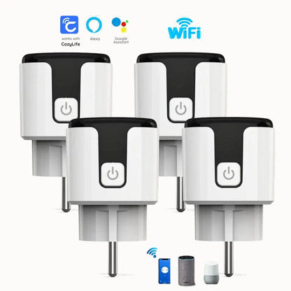 Quatre prises connectées blanches avec un bouton noir et une prise électrique visible sur un fond clair