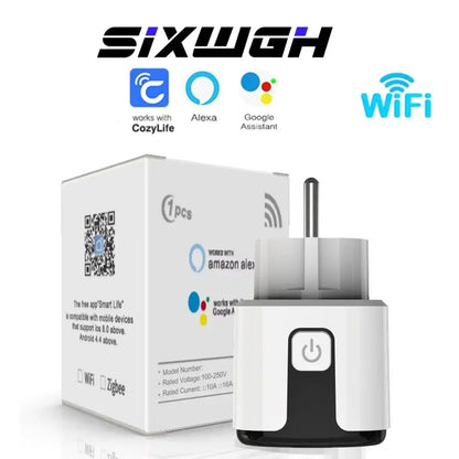 Prise connectée WiFi blanche avec un bouton noir et un design compact, accompagnée d'une boîte en carton décorée