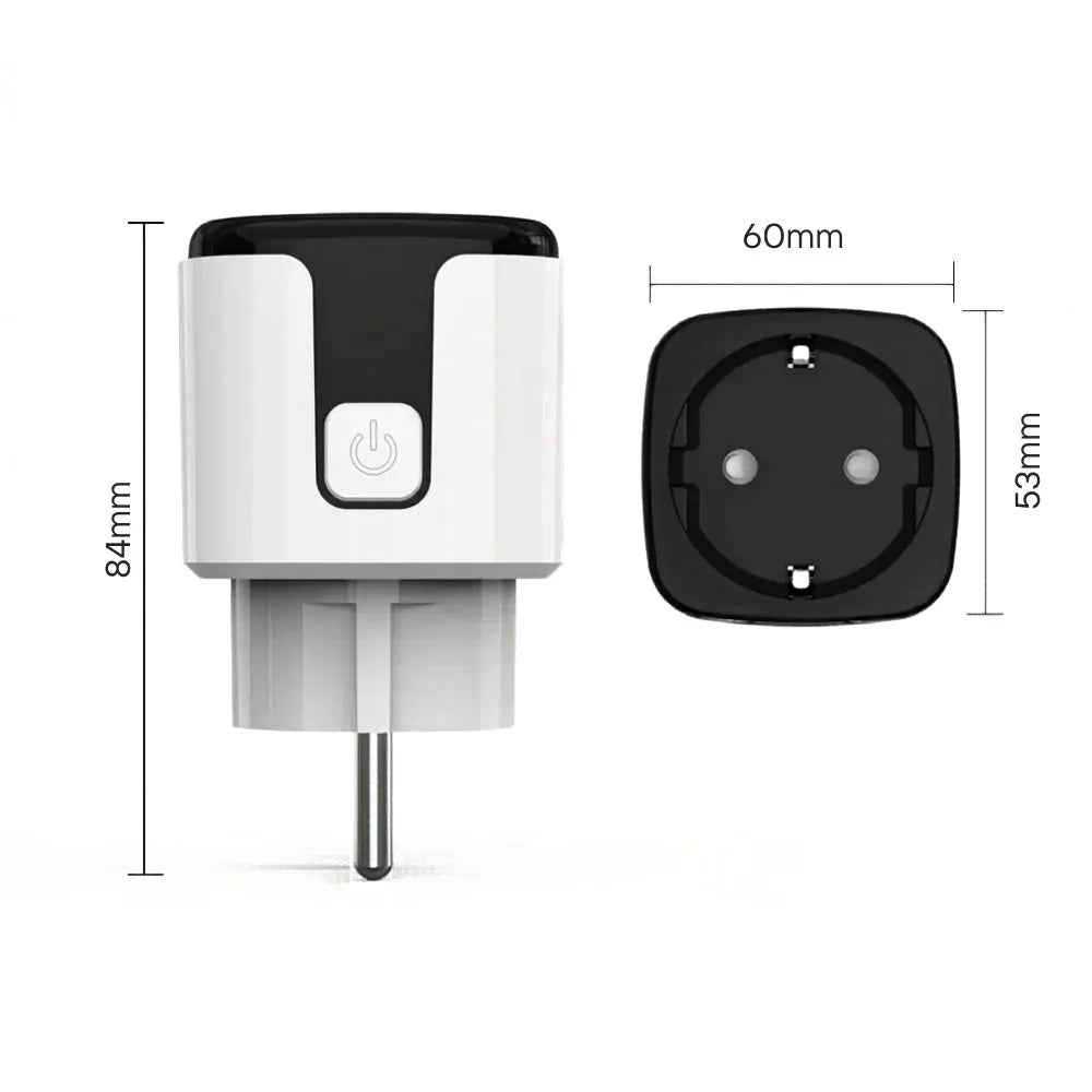 Prise connectée WiFi blanche avec un bouton central et une prise européenne visible sur fond blanc