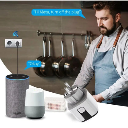 Un homme avec une barbe utilise une prise connectée WiFi à côté de plusieurs appareils électroniques