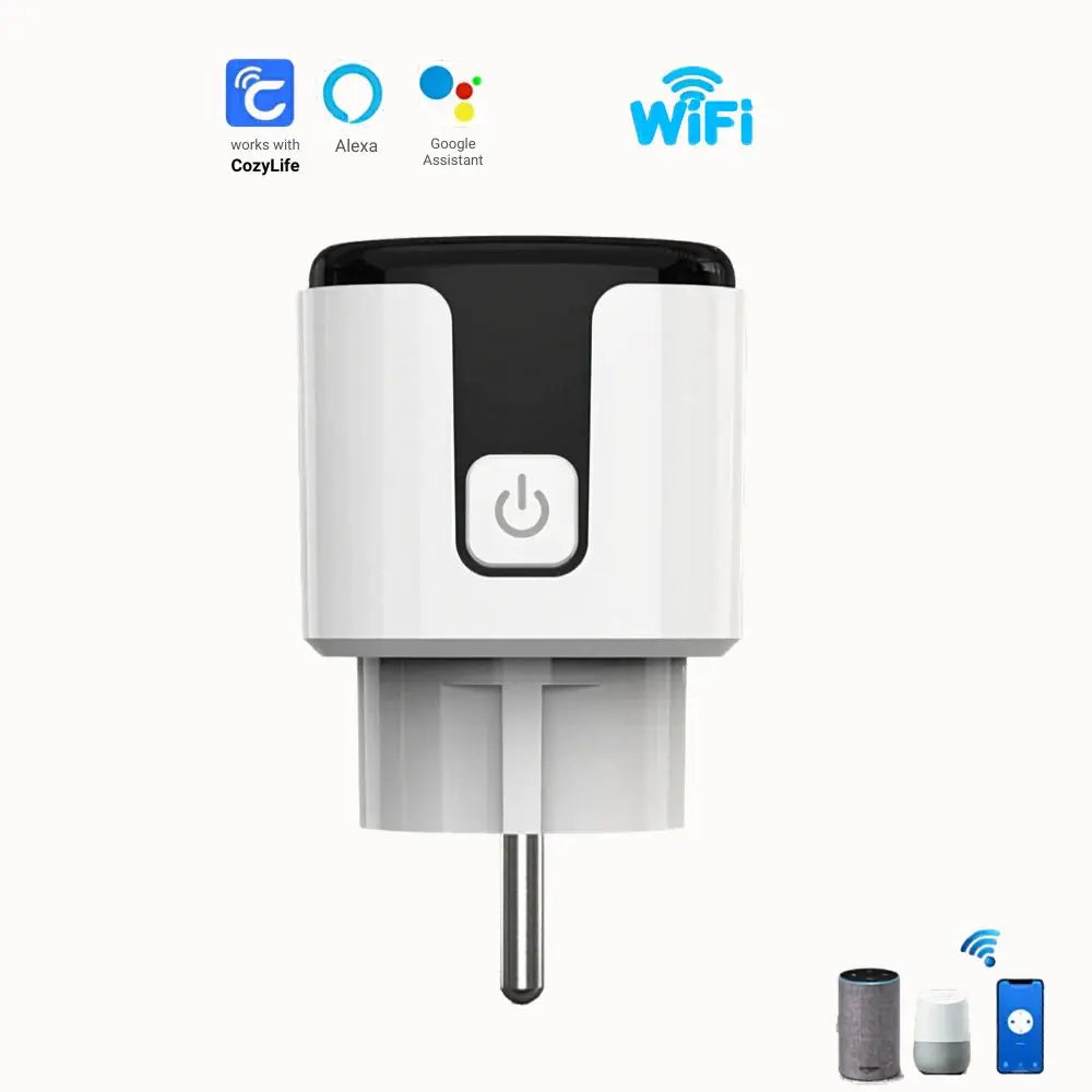Prise connectée blanche avec un bouton central, prise mâle en bas et logo WiFi en haut