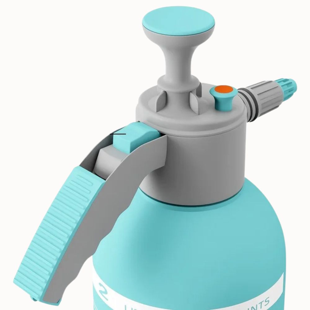 Pulvérisateur à pression de 2L avec pompe manuelle et buse jet réglable en couleur turquoise et grise