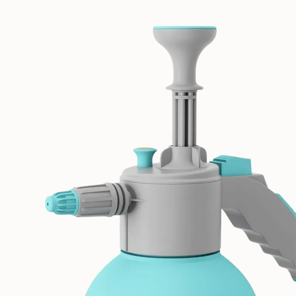Pulvérisateur à pression de 2L avec pompe manuelle et buse jet réglable en couleur grise et turquoise