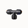 Raccord rapide en T noir avec deux embouts et un corps central, forme cylindrique et lisse