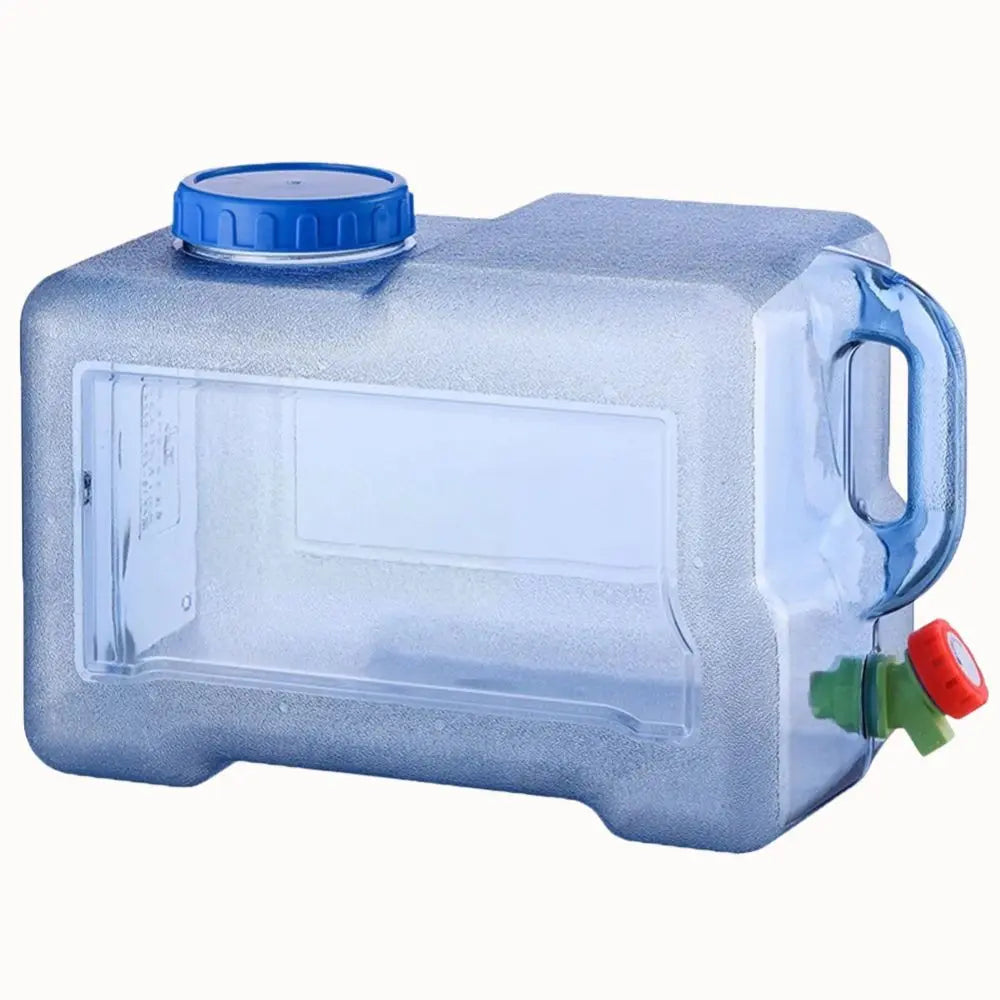 Réservoir d'eau transparent de 18L avec un bouchon bleu et une valve de sortie rouge