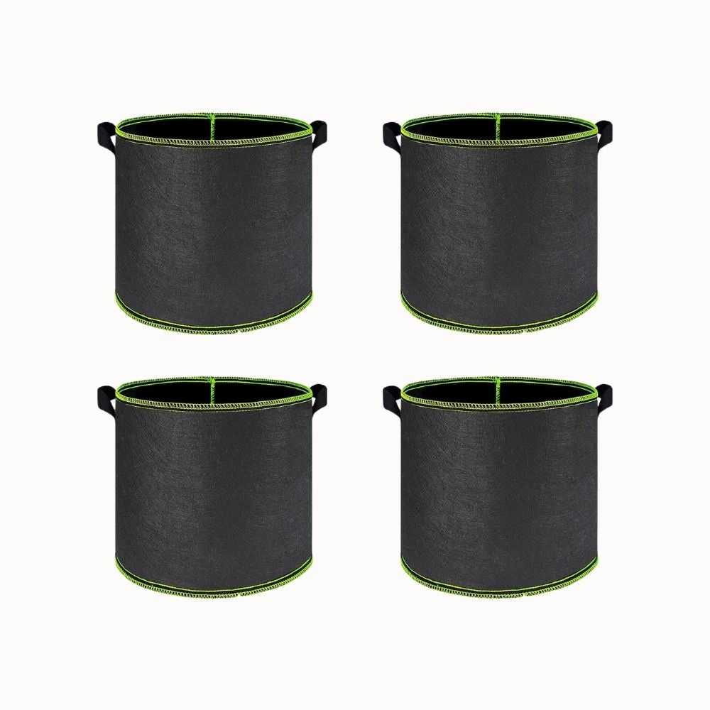 Quatre sacs de culture en fibre respirante de couleur noire avec des bordures vertes lumineuses