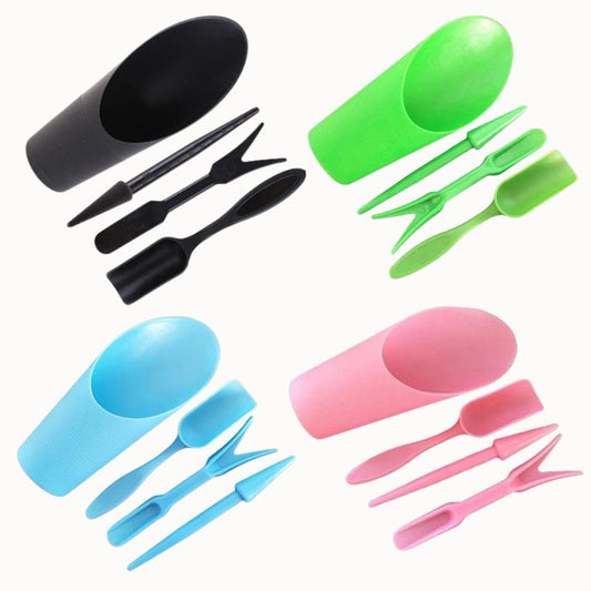 Ensemble d'outils de repiquage colorés en noir, vert, bleu et rose, avec des formes variées et lisses