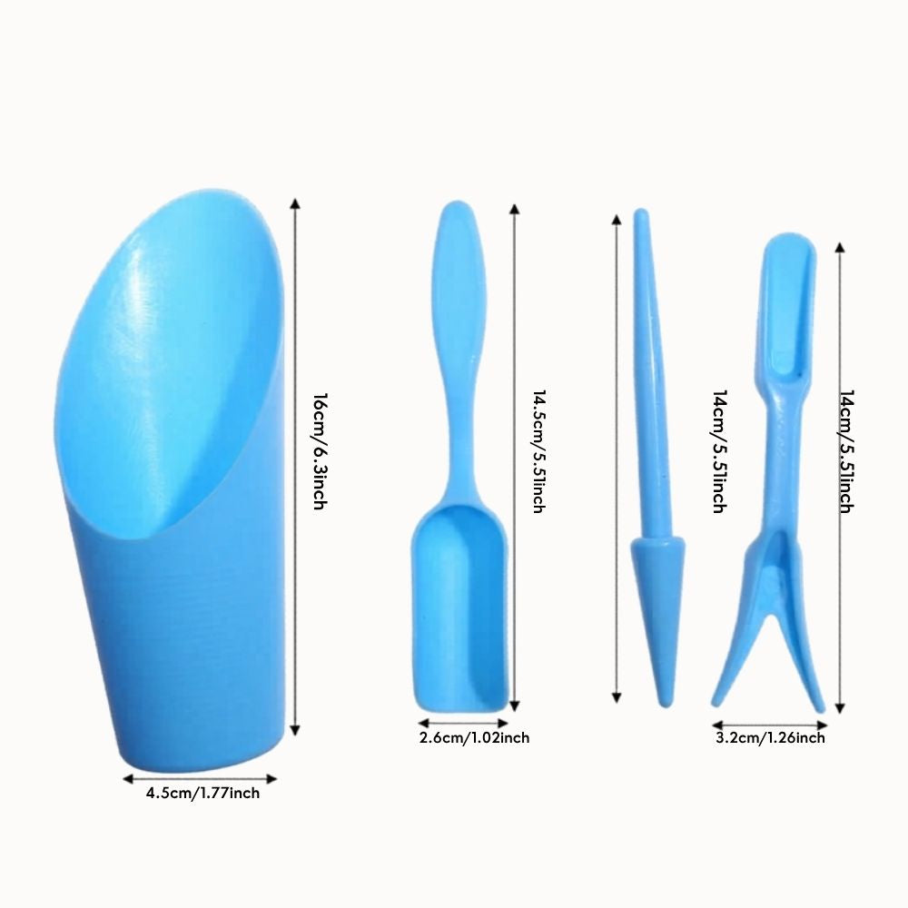 Quatre outils de repiquage en plastique bleu, comprenant une pelle, un cône et un transplantoir