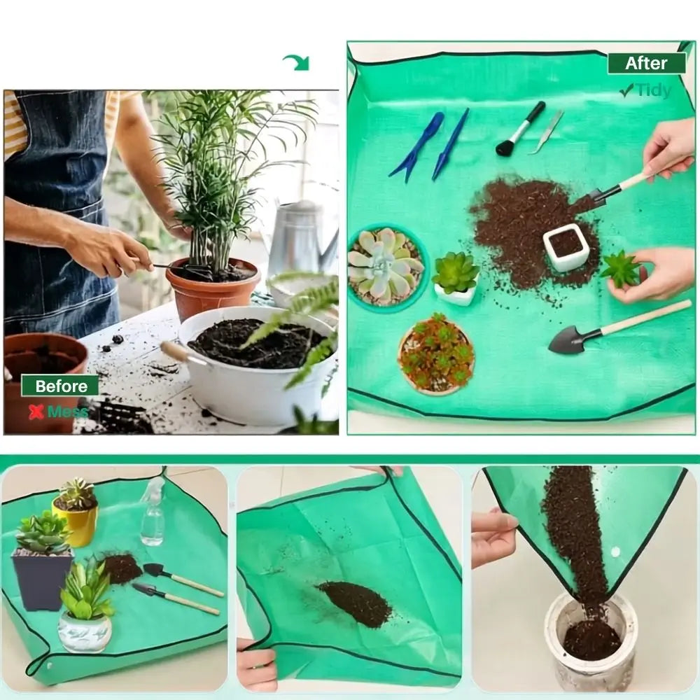 Tapis de rempotage vert avec terre, pots de plantes, outils de jardinage et succulentes sur une table