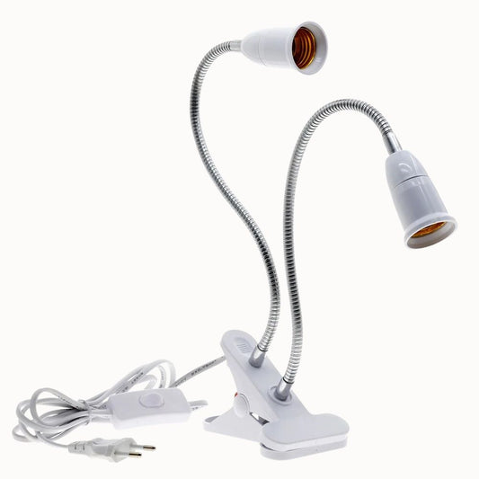 Support à pince avec deux douilles E27 flexibles et câble électrique blanc, sur fond neutre