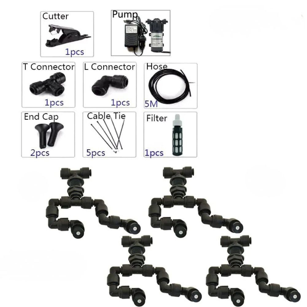 Kit complet de brumisateur 220V avec buses doubles orientables, connecteurs et accessoires divers
