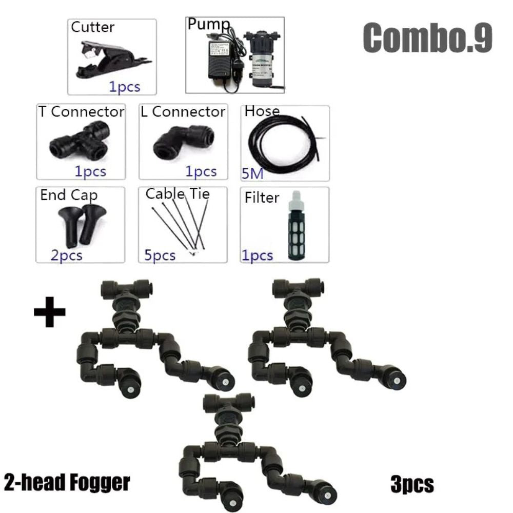 Kit complet de brumisateur avec buses doubles orientables, tuyaux et accessoires pour installation