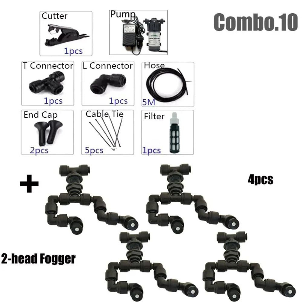 Kit complet de brumisateur avec buses doubles orientables, pompe, tuyaux et accessoires divers
