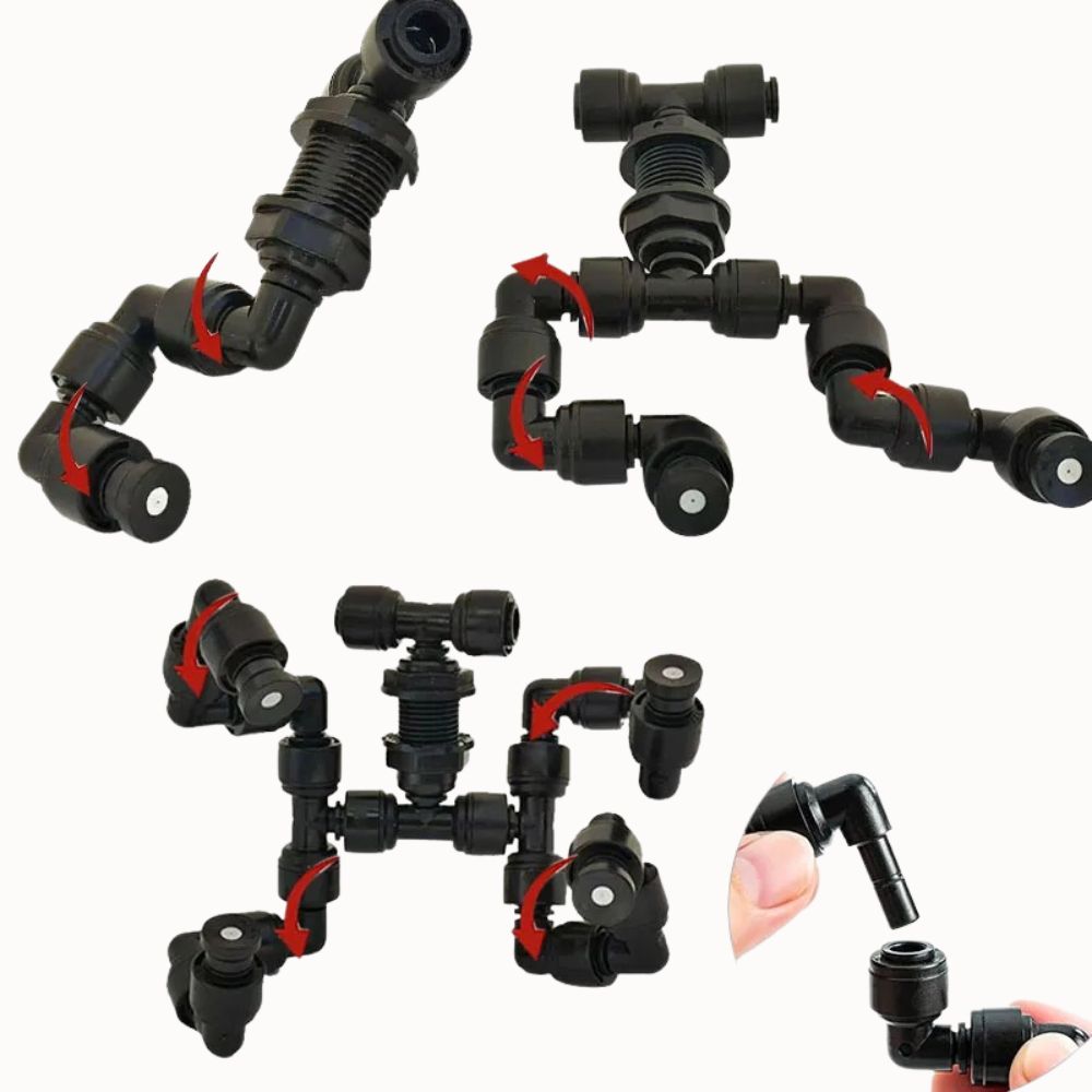 Kit complet de brumisateur avec buses doubles orientables et raccords en plastique noir