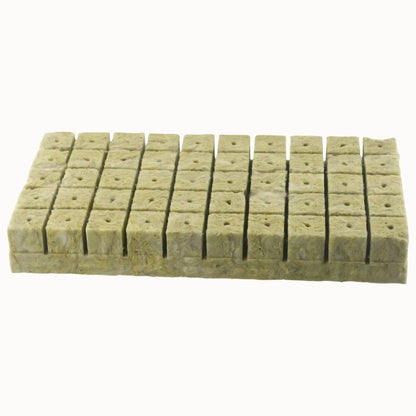 Cubes de laine de roche de couleur beige, disposés en grille avec des trous visibles sur le dessus