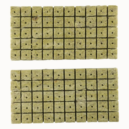 Cubes de laine de roche de couleur verte, disposés en deux rangées, avec des trous visibles sur chaque cube