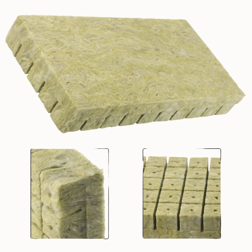 Cubes de laine de roche de couleur beige avec des découpes et une texture fibreuse visible