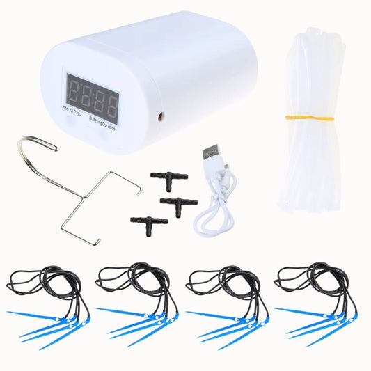 Pack arrosage automatique avec un dispositif de contrôle, tuyaux et accessoires pour goutte à goutte