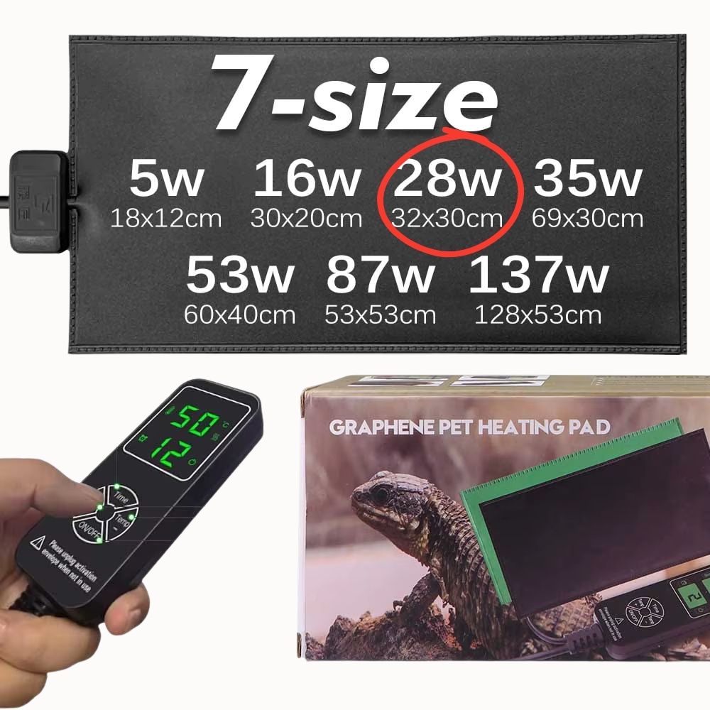 Tapis chauffant horticole 28W avec télécommande et différentes tailles indiquées sur l'image