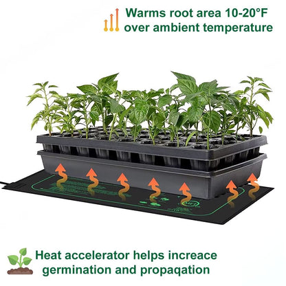 Tapis chauffant horticole carré de 50x52 cm avec plants en croissance sur un plateau noir