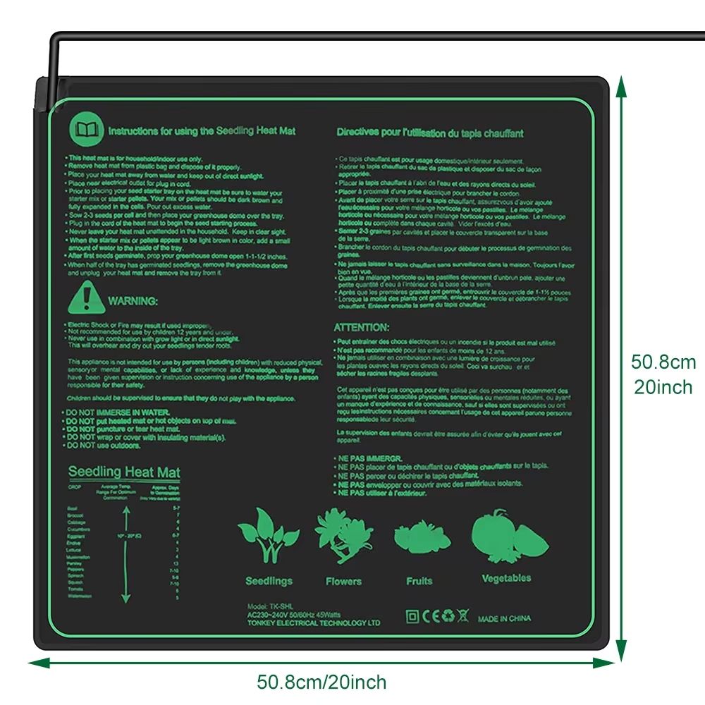 Tapis chauffant horticole carré de 50x52 cm avec surface noire et bords arrondis