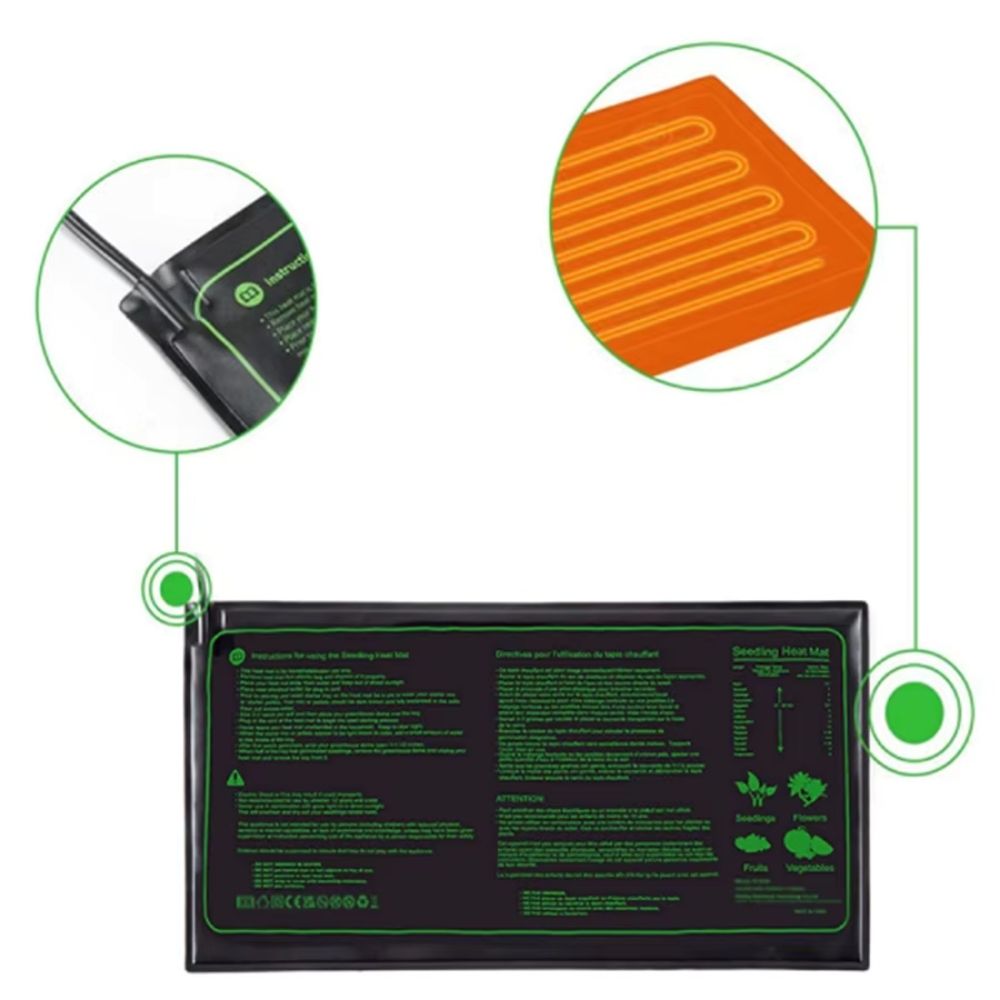 Tapis chauffant horticole noir avec thermostat, dimensions 52x52 cm, surface lisse et câblage visible