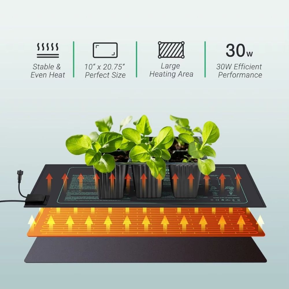 Tapis chauffant horticole avec thermostat, quatre unités en série sous des pots de plantes vertes
