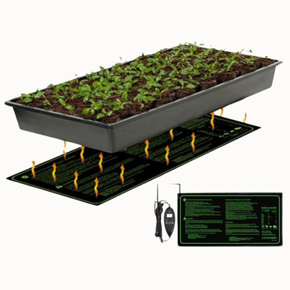 Tapis chauffant pour plantes avec thermostat digital, utilisé sous un bac de semis rempli de terre